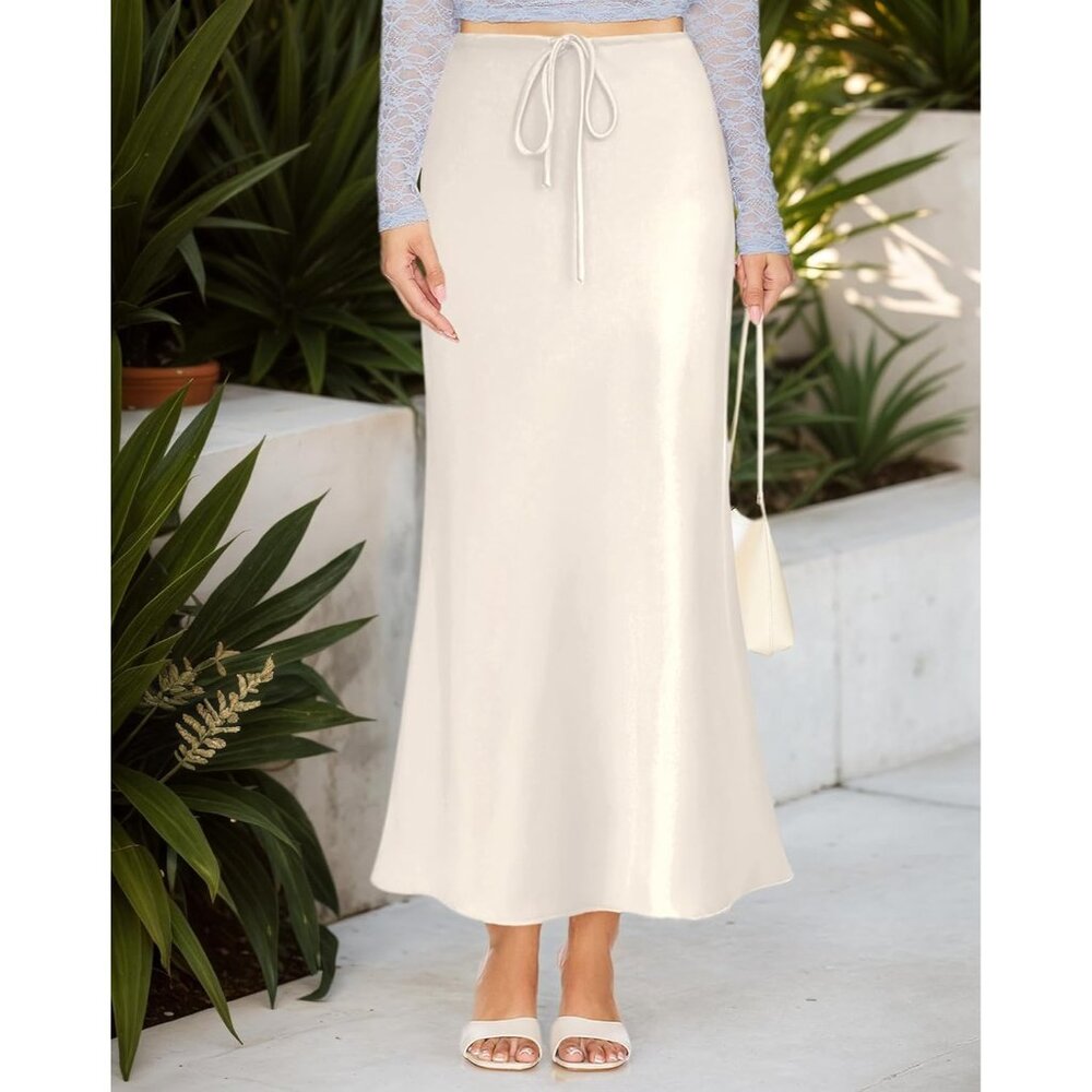 Women's Beige Drawstring Satin High Waist Silk A Line Flowy Long Maxi Skirt - Picture 2 of 6